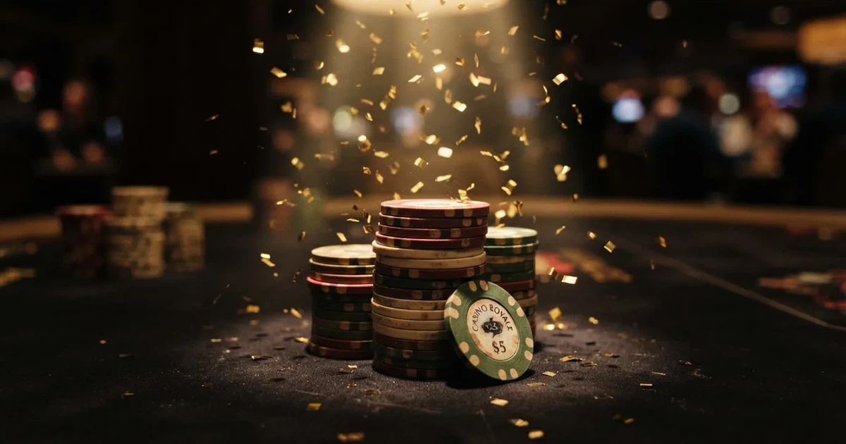 Guldkonfetti faller över spelmarker på ett svart bord, en ljuskägla träffar högens topp — casinon med gratis spins i sverige