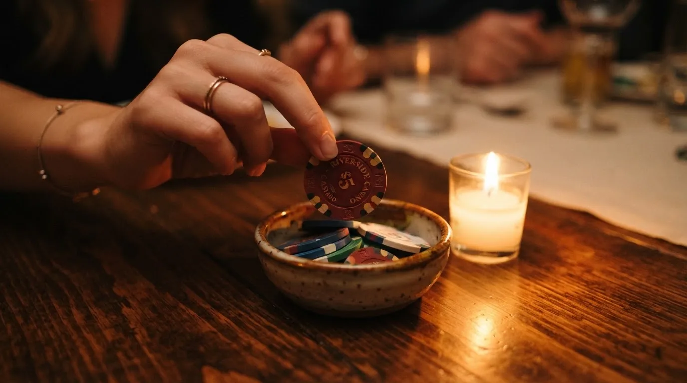 En hand lyfter en spelmark ur en skål, ljuslågan färgar bordet gyllenbrunt — casinon med gratissnurr