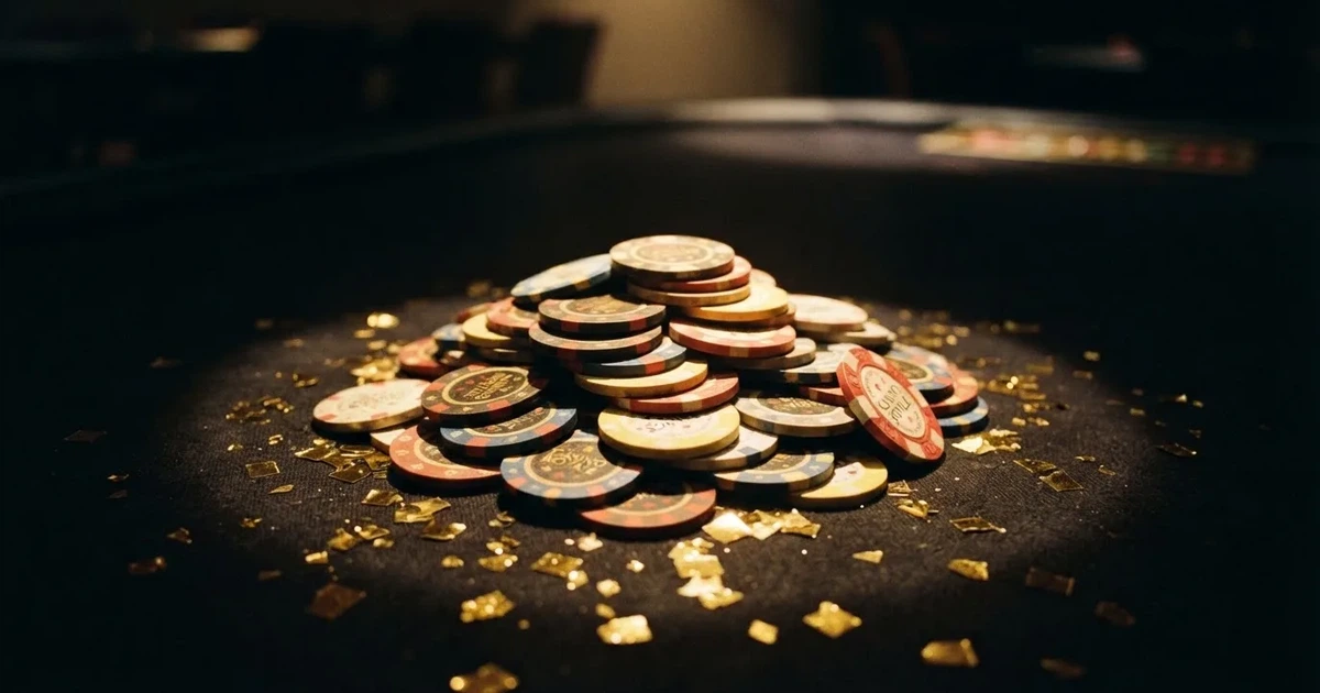 Guldkonfetti faller över spelmarker på ett svart bord, en ljuskägla träffar högens topp — casinon med gratissnurr