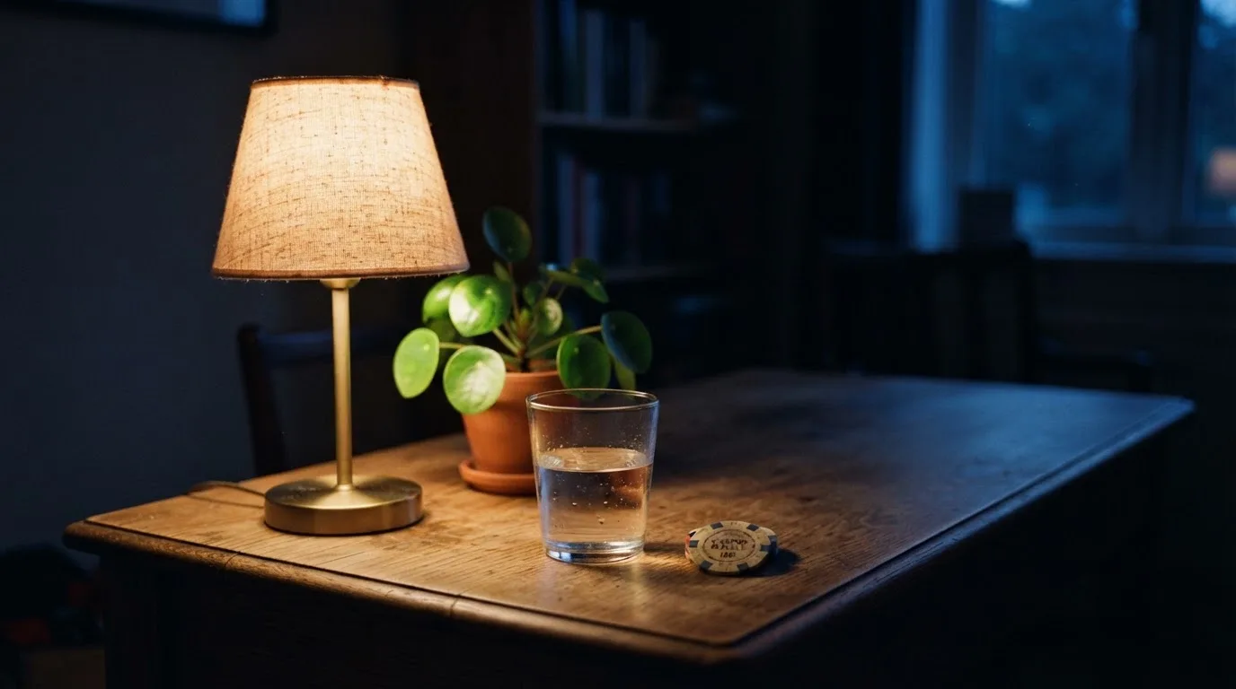 En skrivbordslampa lyser upp ett vattenglas och en kruka, rummet bakom mörknar sakta — casinon med insättningsbonus