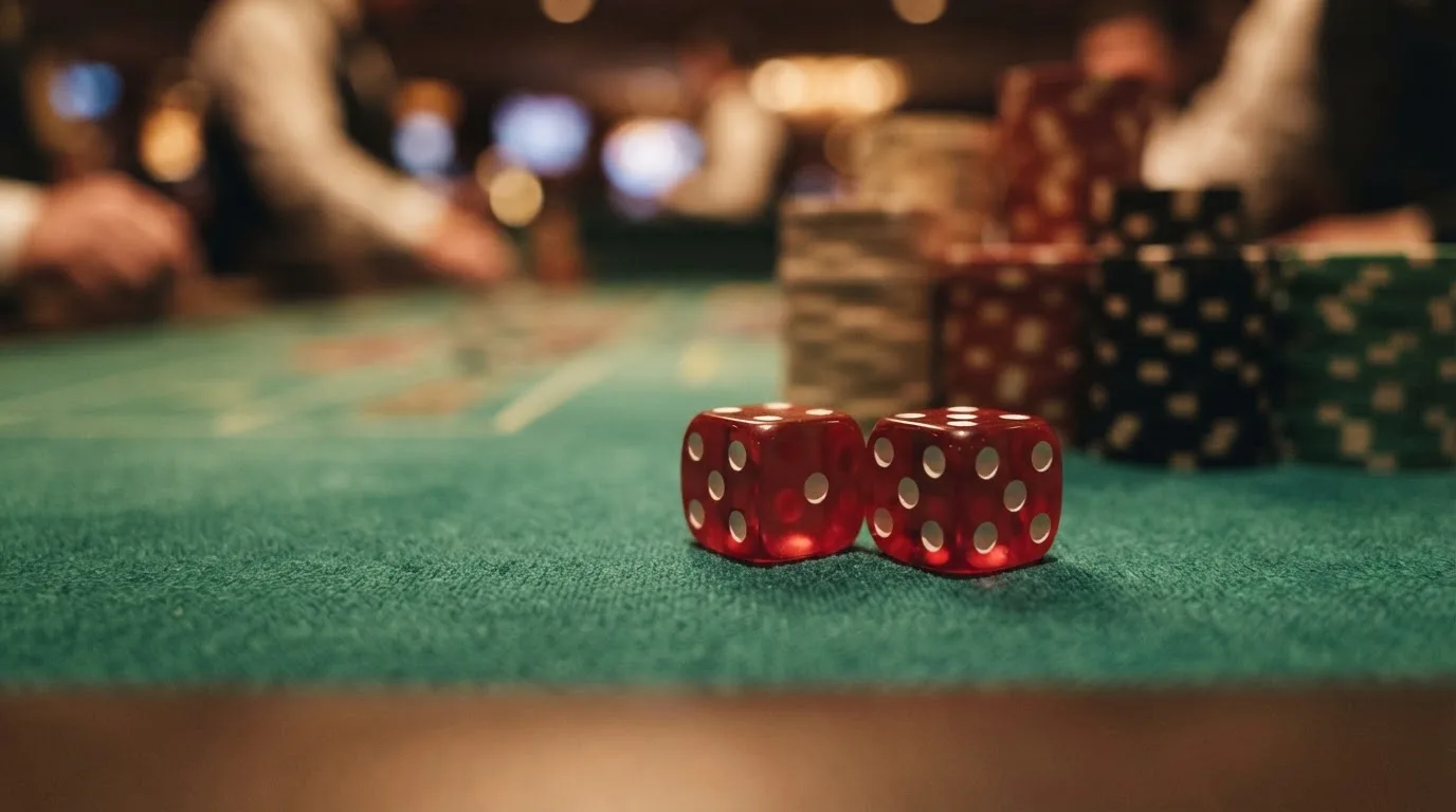 Röda tärningar vilar på grönt filt, bakom dem suddiga torn av spelmarker i kvällsdunklet — casinon med jackpot i sverige