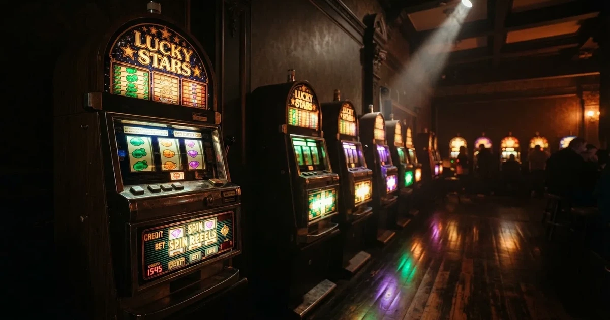 En rad spelskåp i en dunkel hall, rullarna lyser i olika färger och golvet speglar dem — casinon med jackpot i sverige