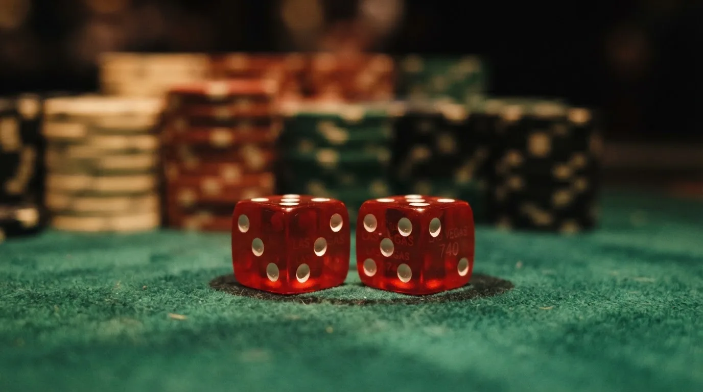 Röda tärningar vilar på grönt filt, bakom dem suddiga torn av spelmarker i kvällsdunklet — casinon med låg insättning
