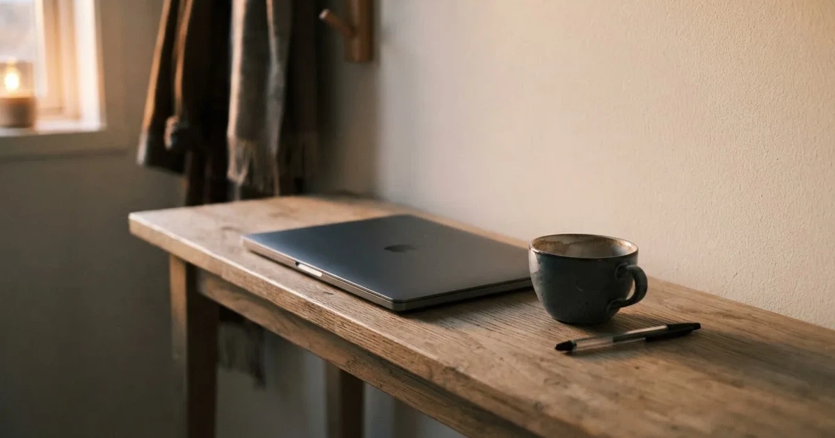 Kaffekopp och penna på ett smalt hallbord i skymning, en stängd bärbar dator vid sidan — casinon med låg insättning
