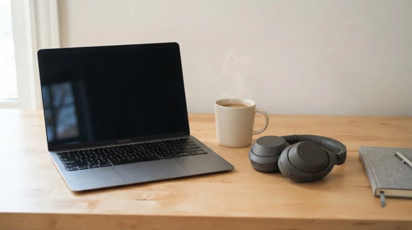 En bärbar dator med nedsläckt skärm står öppen på ett skrivbord tillsammans med en kopp kaffe och ett par hörlurar i morgonljus.