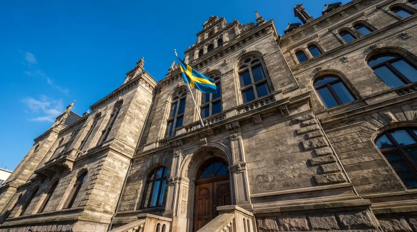 Ett gammalt stadshus i sten fotograferat underifrån mot en klarblå himmel, med den svenska flaggan som fladdrar ovanför entrén.