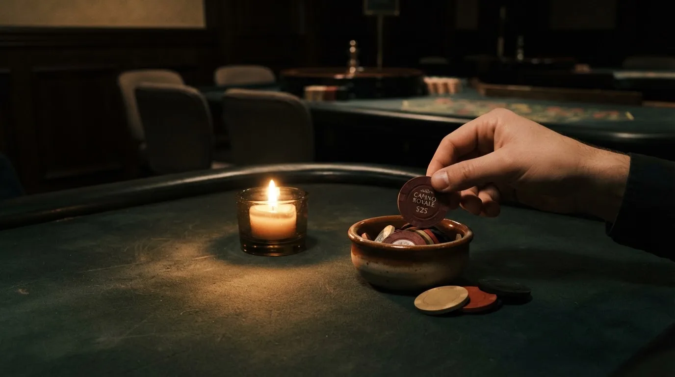 En hand lyfter en spelmark ur en skål, ljuslågan färgar bordet gyllenbrunt — casinon med roulette i sverige