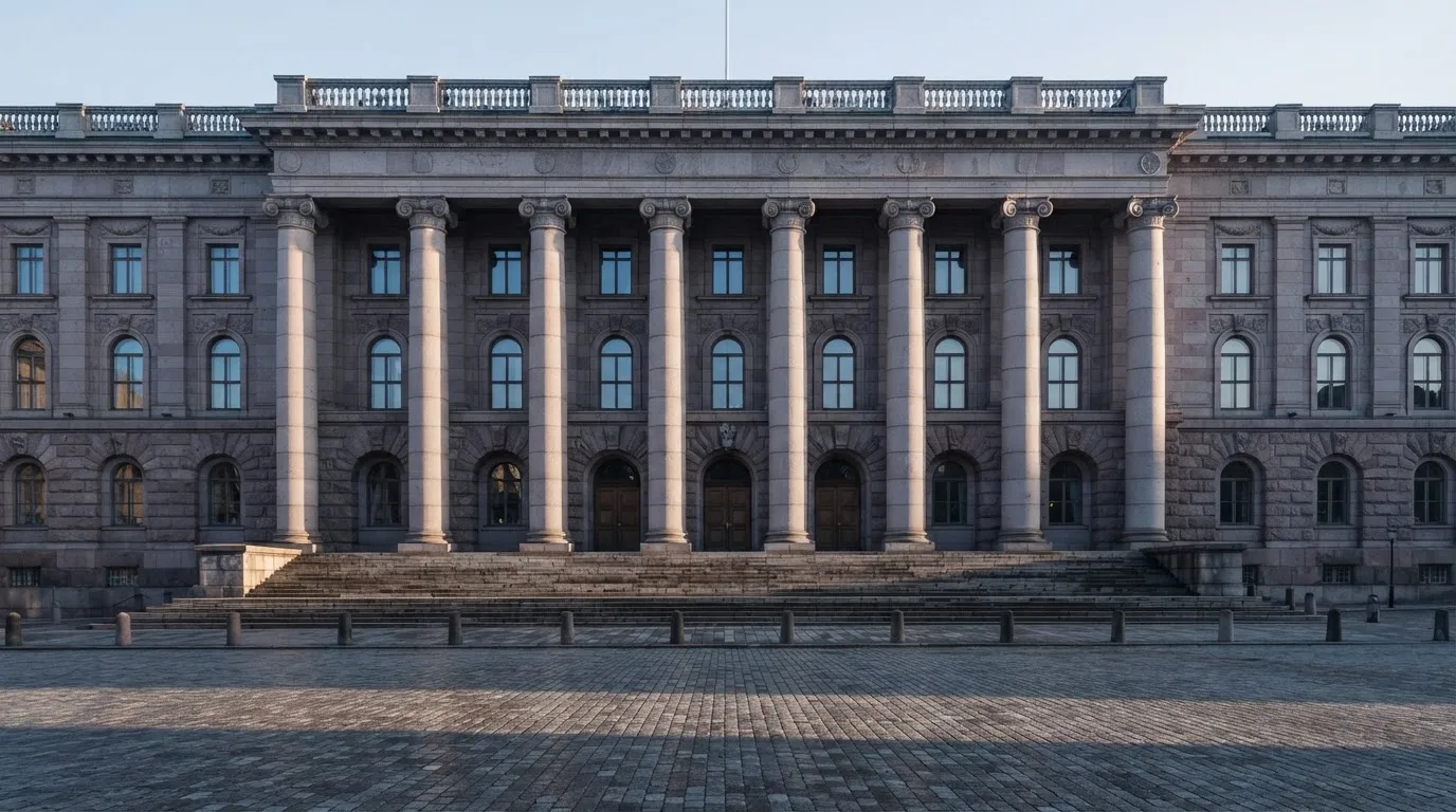 Stenfasad på en statlig byggnad i Stockholm vid gryning, höga pelare och ett tomt torg framför — casinon med roulette i sverige