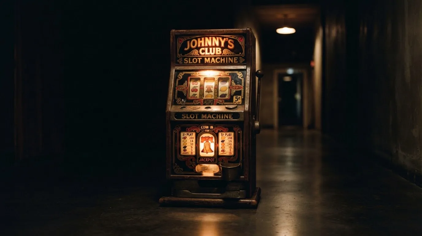En gammal spelautomat lyser i den dunkla hallen och speglar sig i golvet — casinon med slots i sverige
