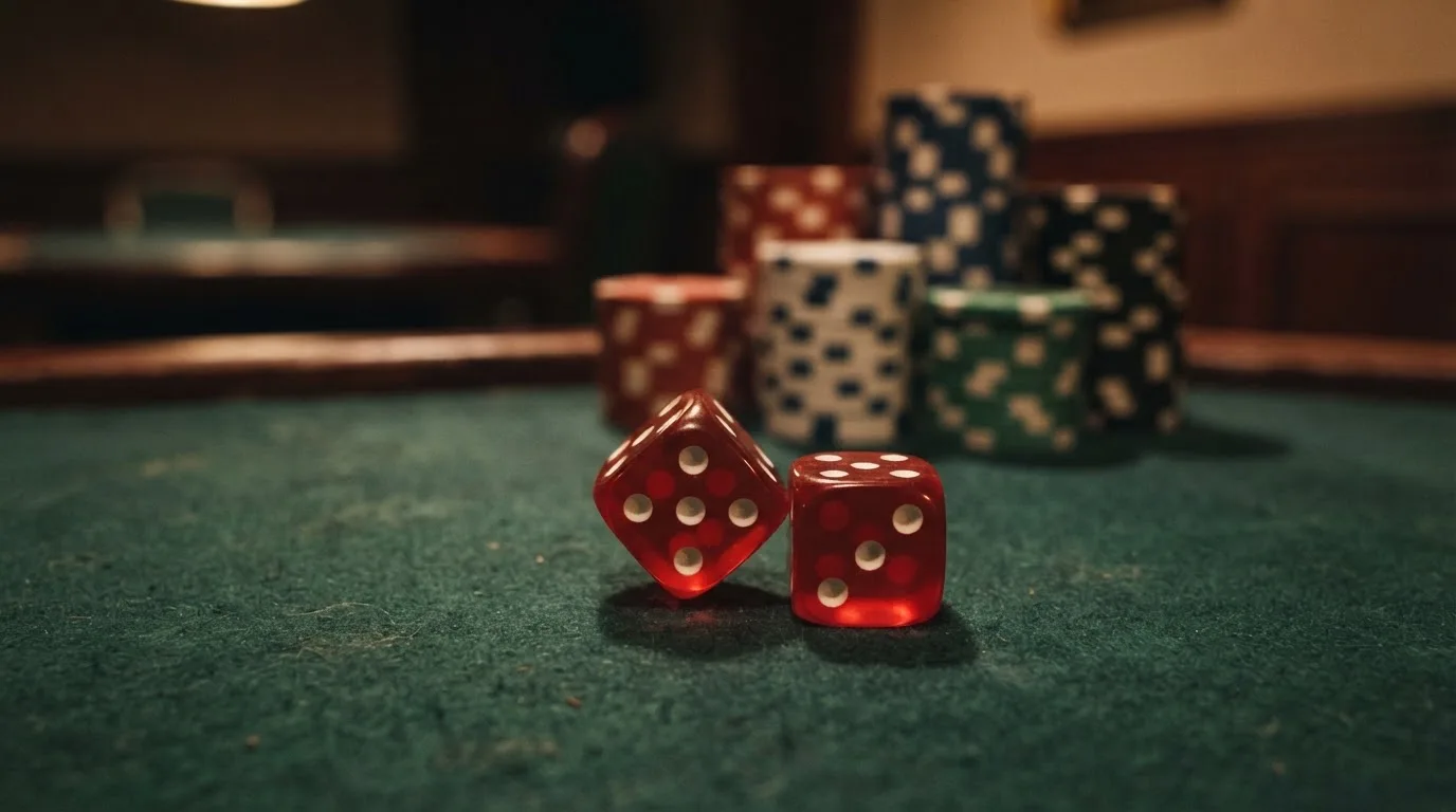 Röda tärningar vilar på grönt filt, bakom dem suddiga torn av spelmarker i kvällsdunklet — casinon med spelautomater i sverige