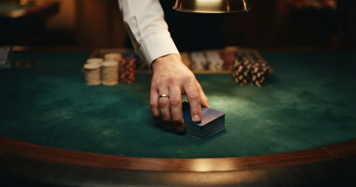 Croupierens händer blandar kort på grönt filt, taklampan speglas i den blanka kortbunten — casinon med spelautomater i sverige