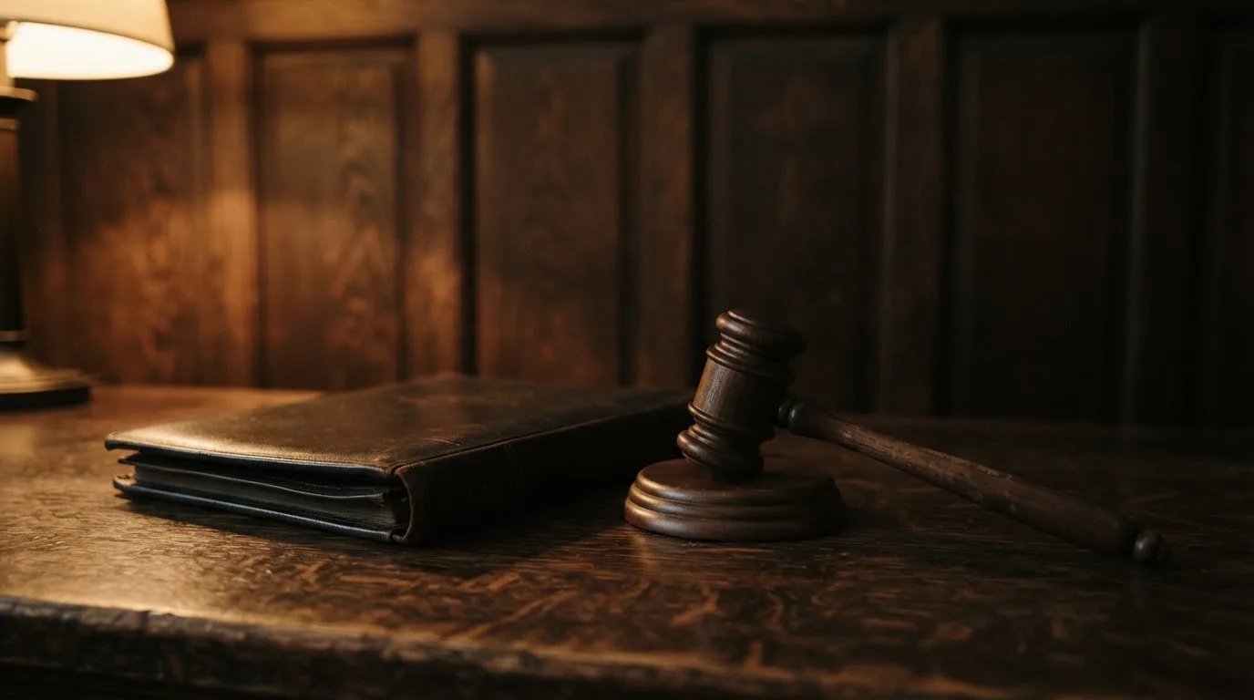 En domarklubba bredvid en sluten läderpärm på ett mörkt bord, ekpanel bakom — casinon med störst vinstchans