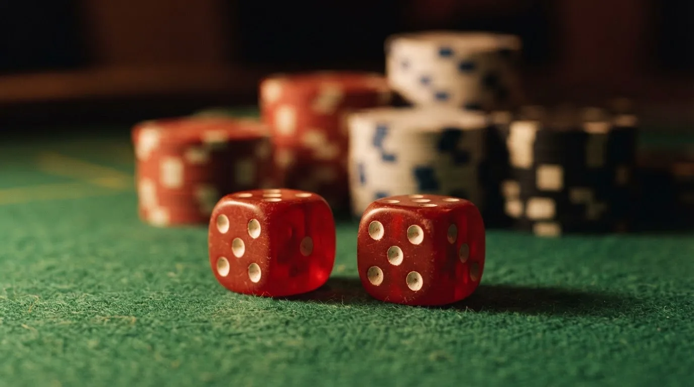 Röda tärningar vilar på grönt filt, bakom dem suddiga torn av spelmarker i kvällsdunklet — casinon med uttag i sverige