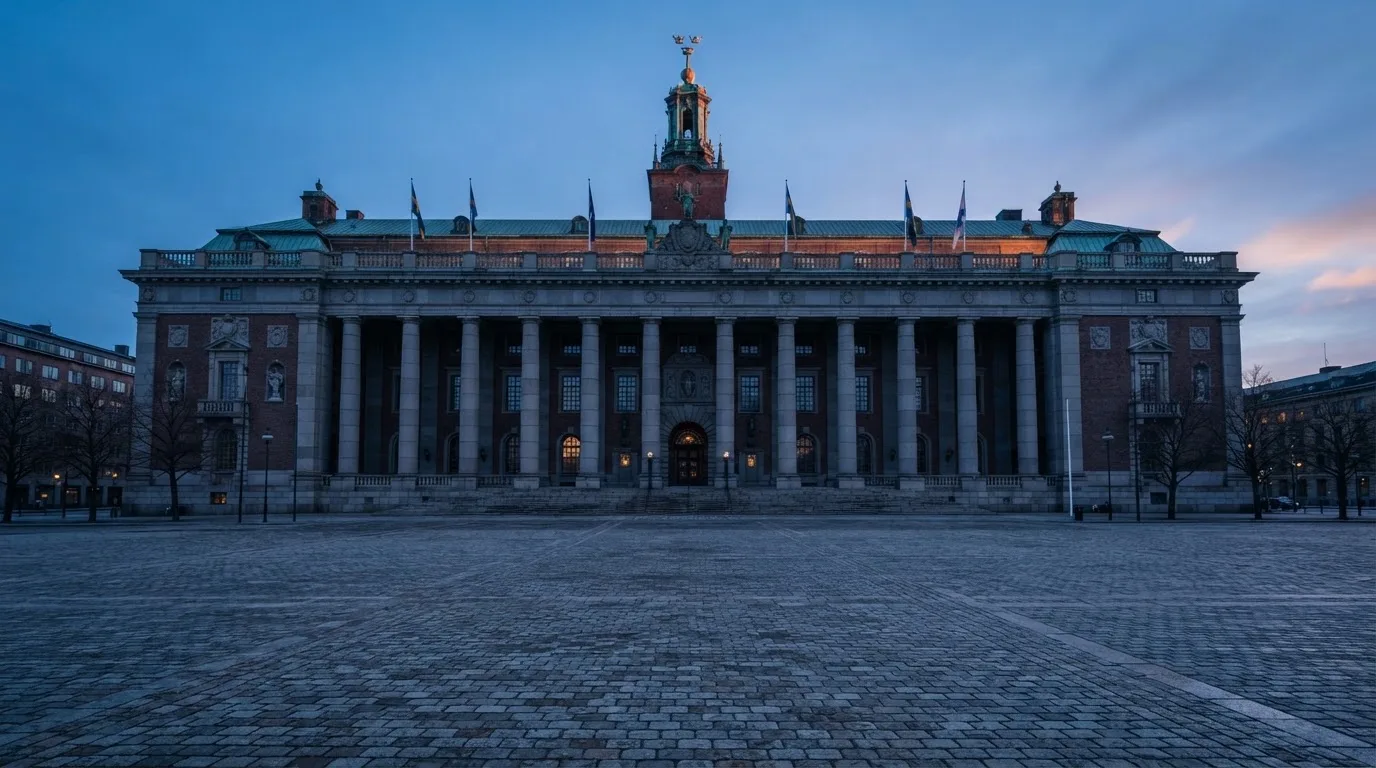 Stenfasad på en statlig byggnad i Stockholm vid gryning, höga pelare och ett tomt torg framför — casinon med uttag i sverige