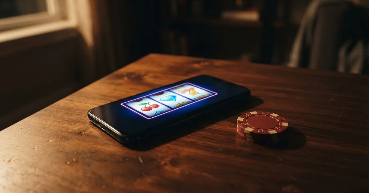 En hand håller upp en smartphone med skärmen vänd nedåt bredvid glittrande konfetti och guldmynt på ett mörkt bord.