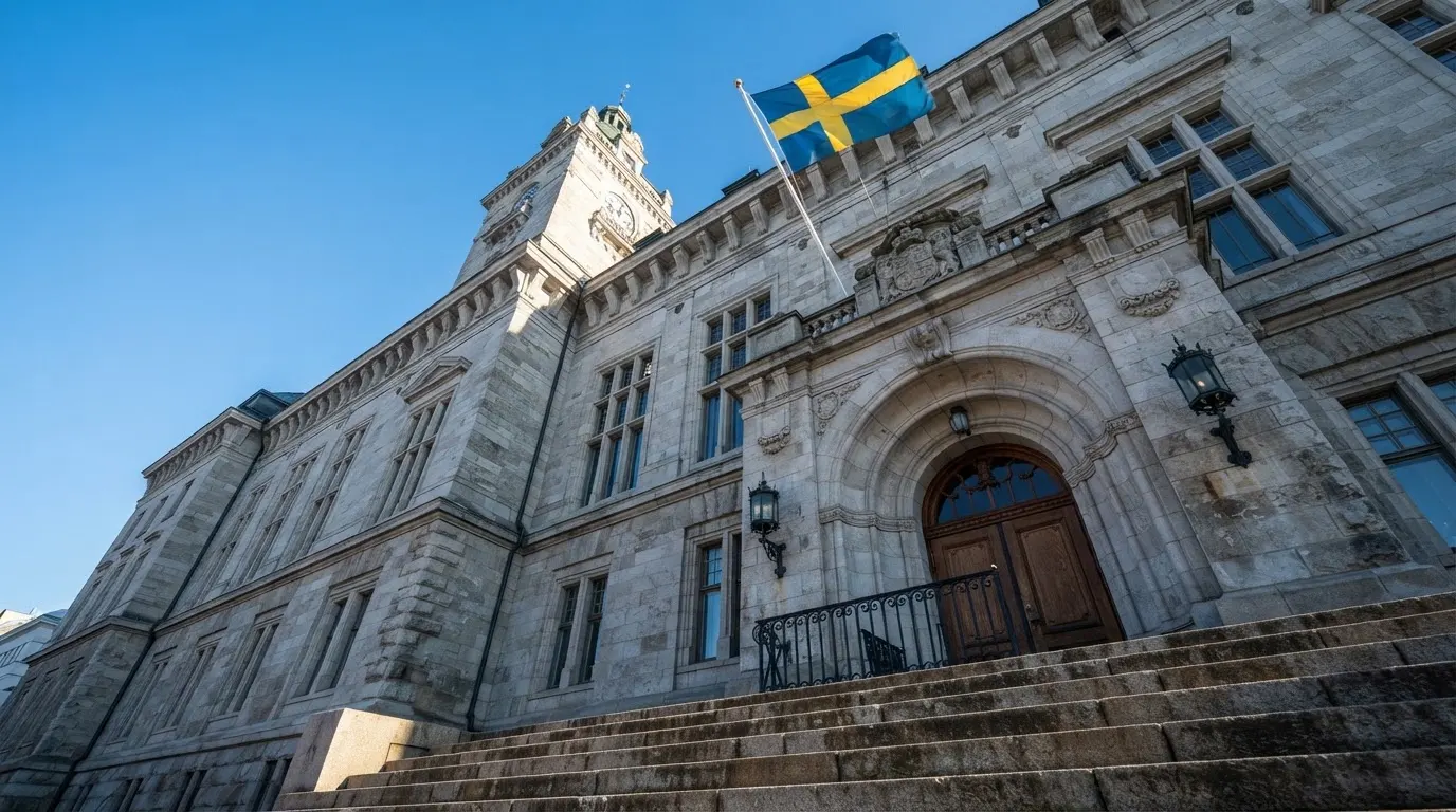 Ett gammalt stadshus i sten fotograferat underifrån mot en klarblå himmel, med den svenska flaggan som fladdrar ovanför entrén.