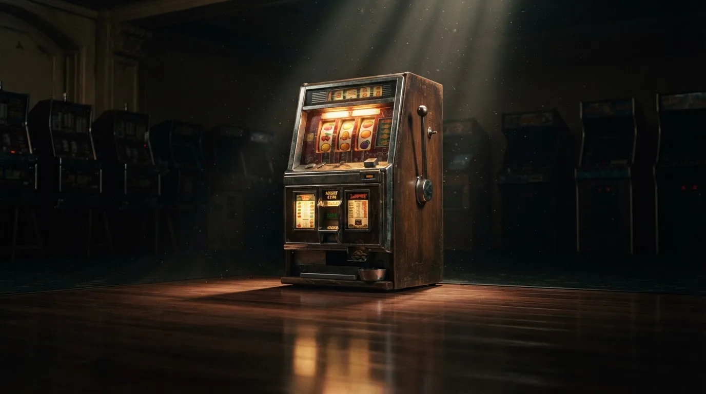 En gammal spelautomat lyser i den dunkla hallen och speglar sig i golvet — casinon med välkomsterbjudande