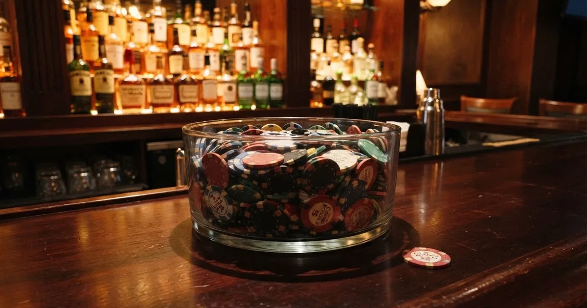 En glasskål full av färgglada spelmarker på en bardisk, flaskor glöder bakom i bärnstensfärg — casinon med välkomsterbjudande