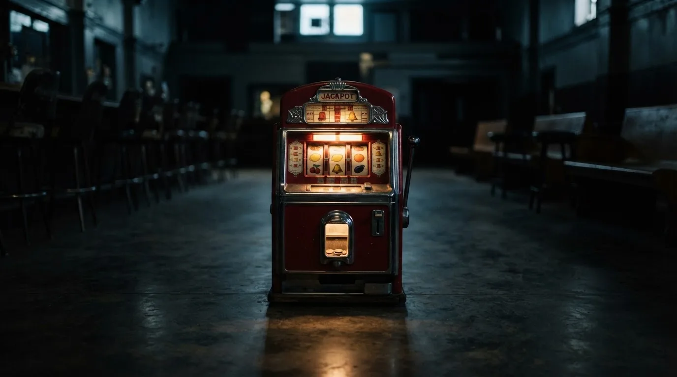 En gammal spelautomat lyser i den dunkla hallen och speglar sig i golvet — casinon utan bankid i sverige