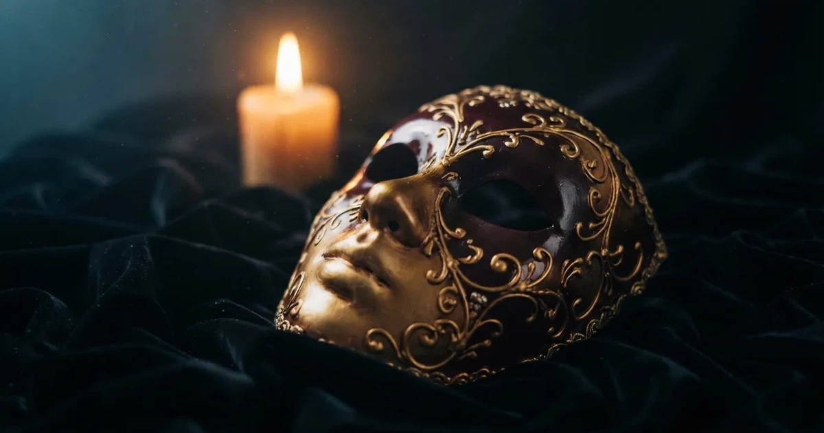 En venetiansk mask på svart sammet, ljuslågan speglas i dess blanka yta — casinon utan bankid i sverige