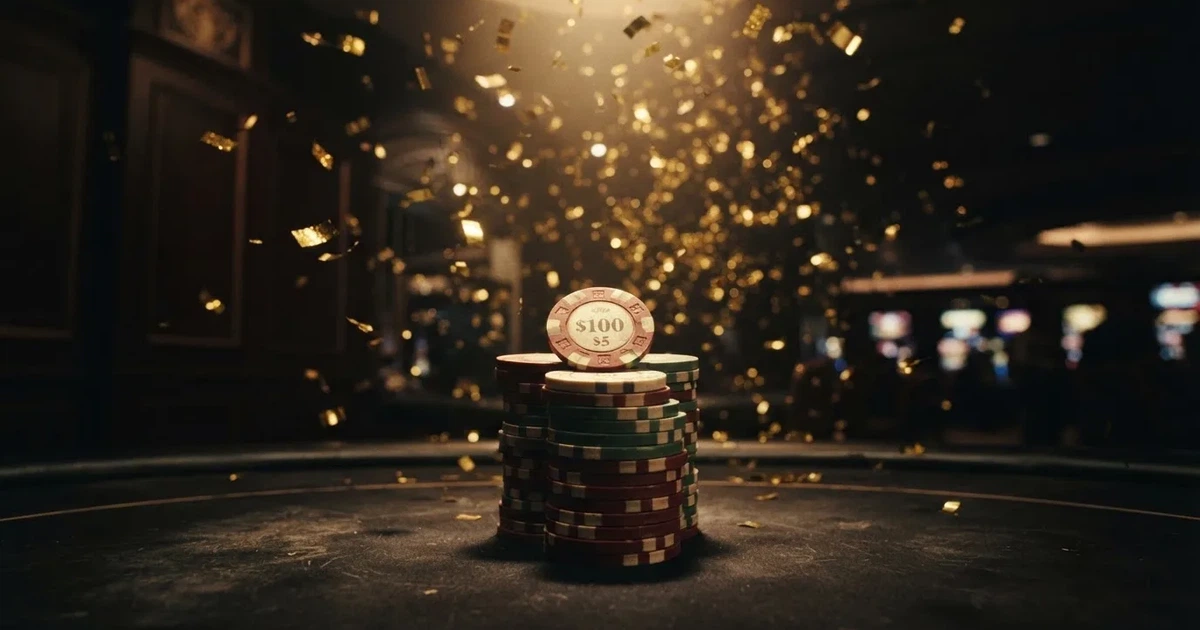Guldkonfetti faller över spelmarker på ett svart bord, en ljuskägla träffar högens topp — casinon utan insättning i sverige