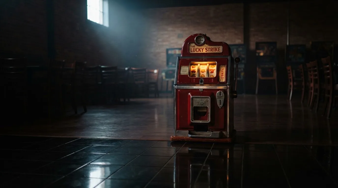 En gammal spelautomat lyser i den dunkla hallen och speglar sig i golvet — casinon utan omsättningskrav
