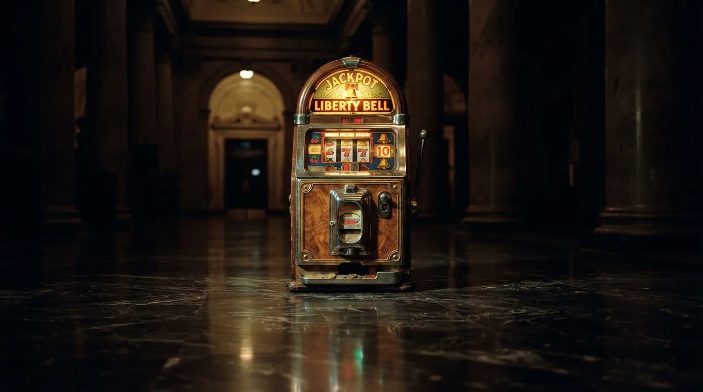 En gammal spelautomat lyser i den dunkla hallen och speglar sig i golvet — casinon utan spelgräns i sverige