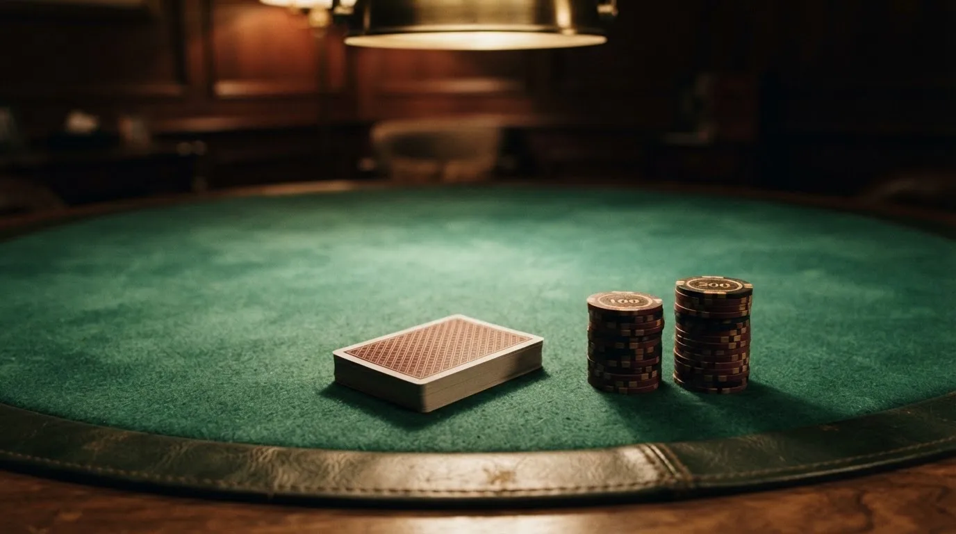 Kortlek och staplar av spelmarker på ett grönt filtbord i en dunkel salong, varmt lampsken — casinostugan för svenskar