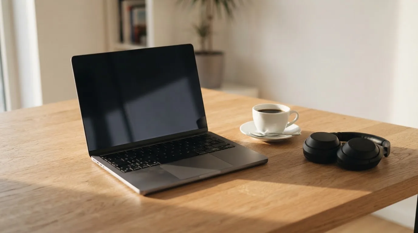 En bärbar dator med nedsläckt skärm står öppen på ett skrivbord tillsammans med en kopp kaffe och ett par hörlurar i morgonljus.
