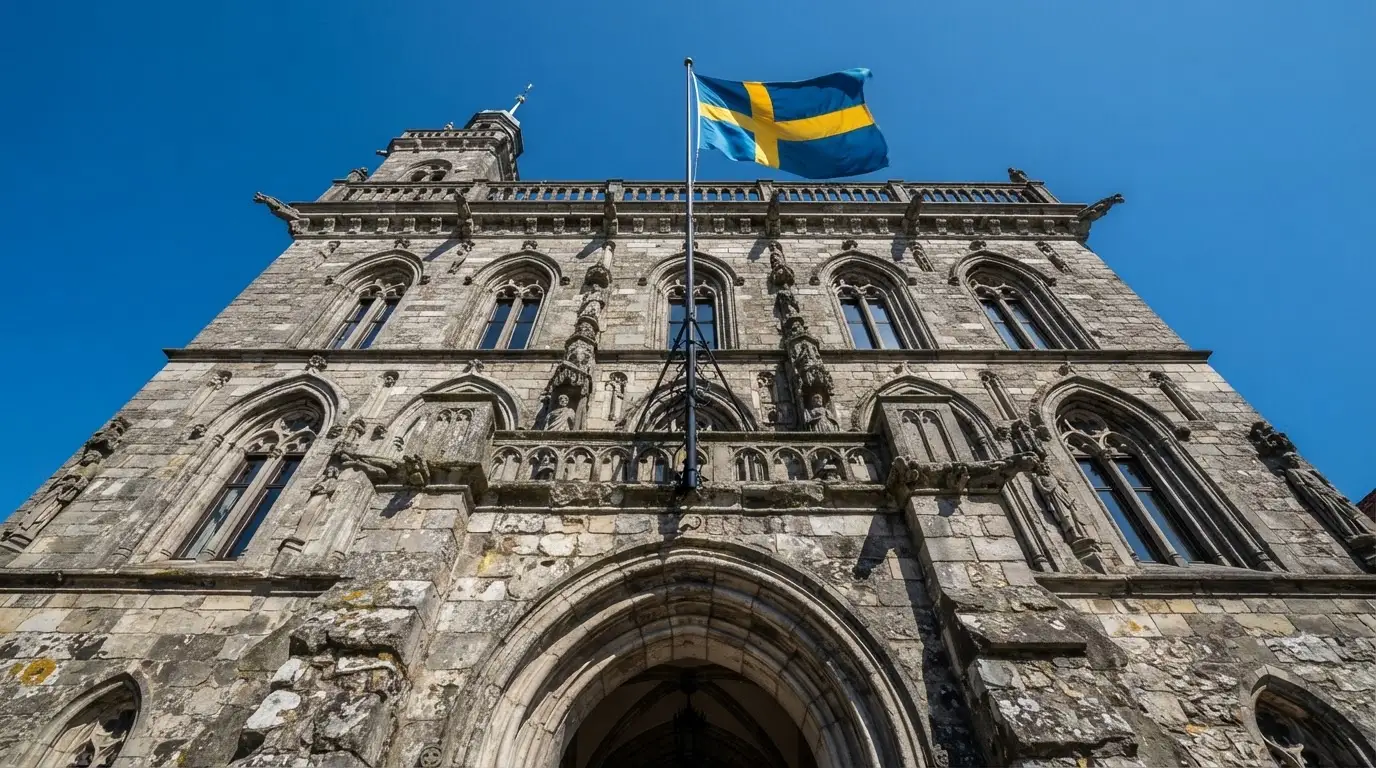 Ett gammalt stadshus i sten fotograferat underifrån mot en klarblå himmel, med den svenska flaggan som fladdrar ovanför entrén.