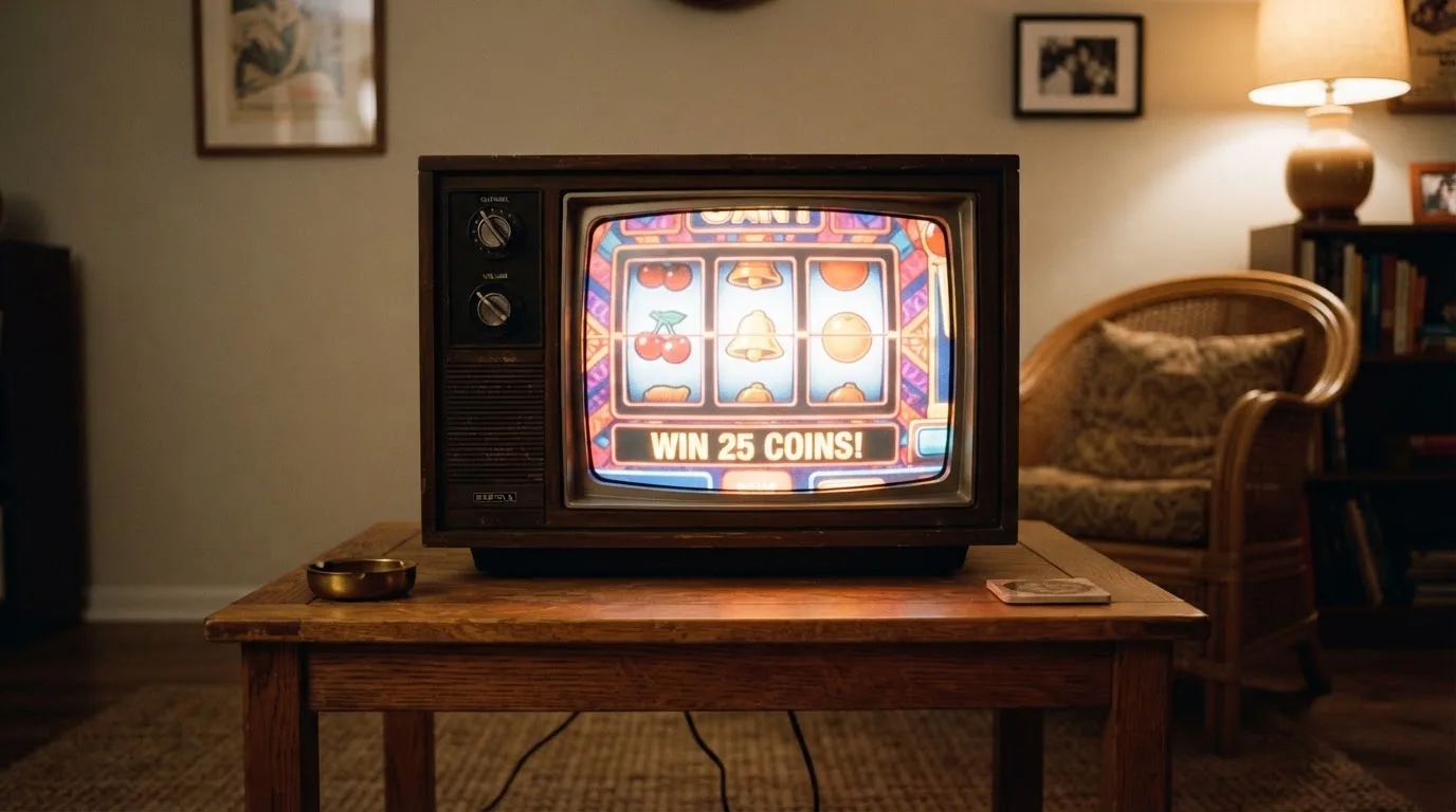 Gammal bildrörs-tv med släckt skärm på ett träbord i ett vardagsrum — online spelautomater i sverige
