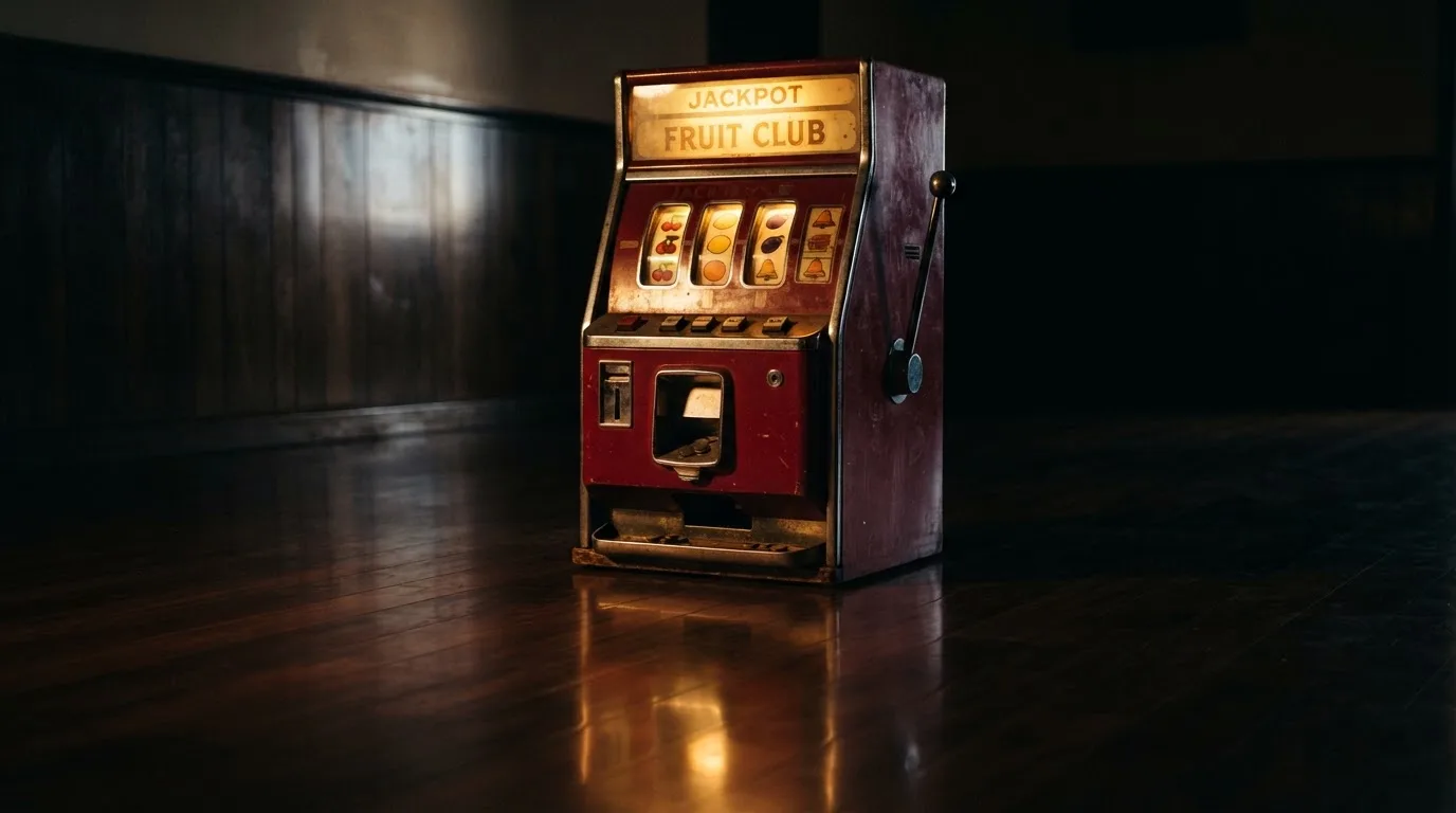En gammal spelautomat lyser i den dunkla hallen och speglar sig i golvet — hur fungerar casino på nätet