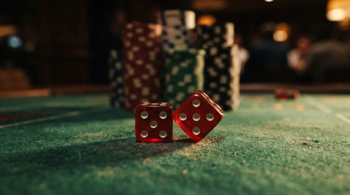Röda tärningar vilar på grönt filt, bakom dem suddiga torn av spelmarker i kvällsdunklet — hur man vinner på casino