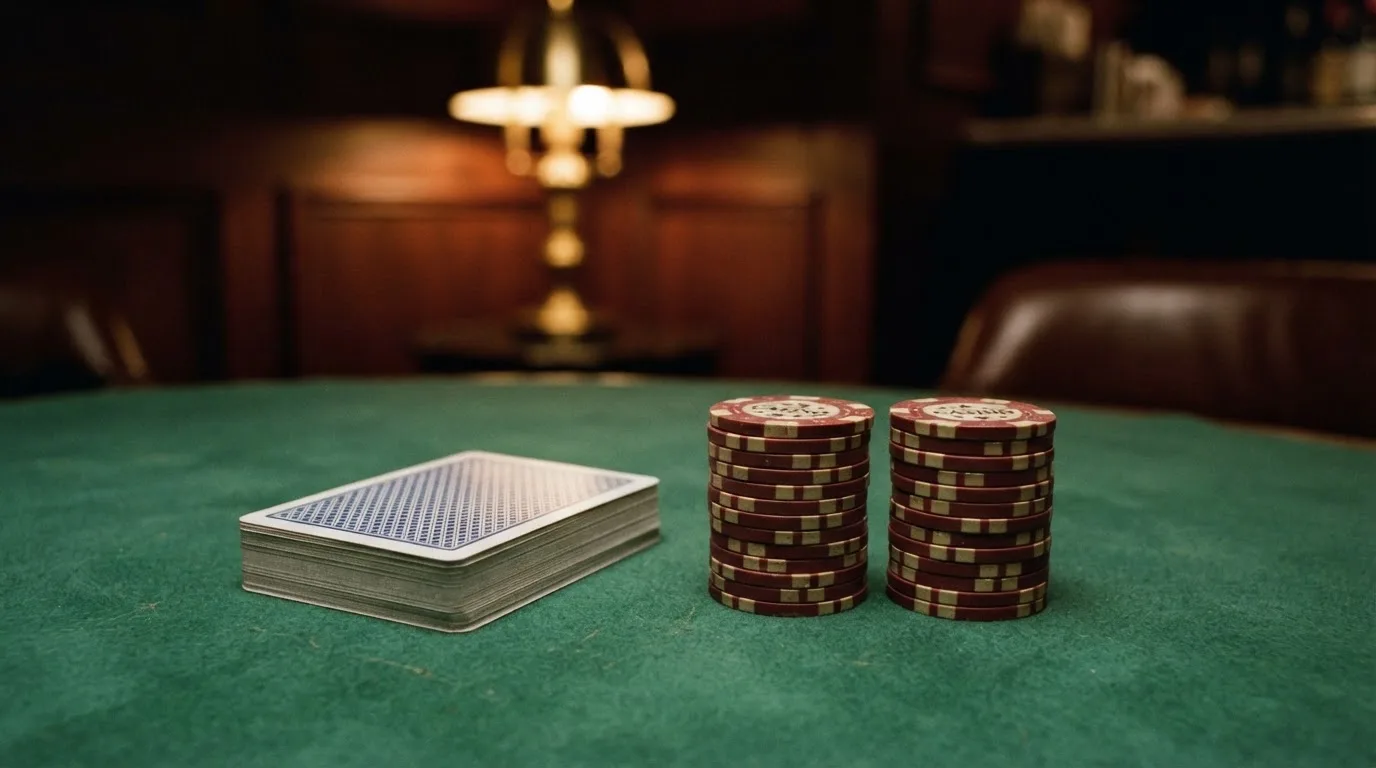 Kortlek och staplar av spelmarker på ett grönt filtbord i en dunkel salong, varmt lampsken — jämförelse av casinon i sverige