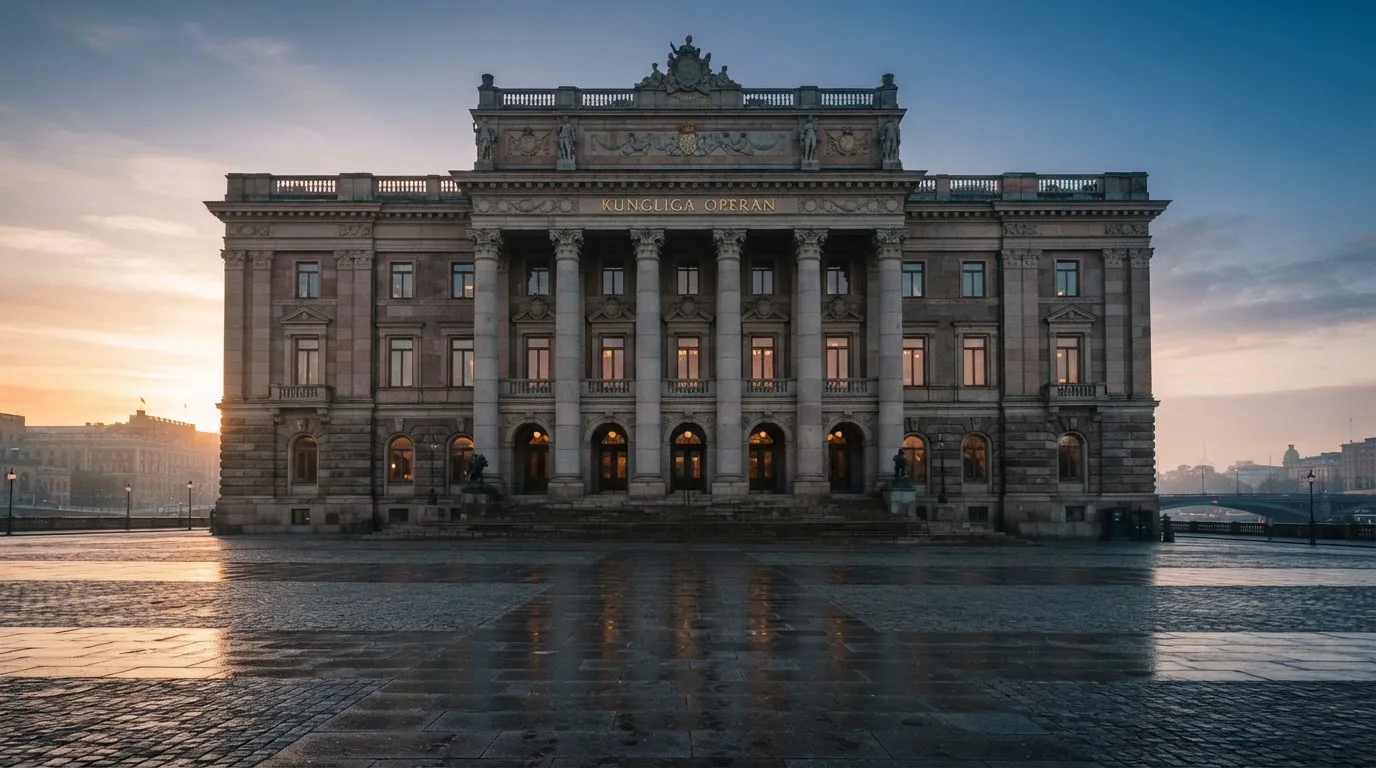 Stenfasad på en statlig byggnad i Stockholm vid gryning, höga pelare och ett tomt torg framför — jämförelse av casinon i sverige