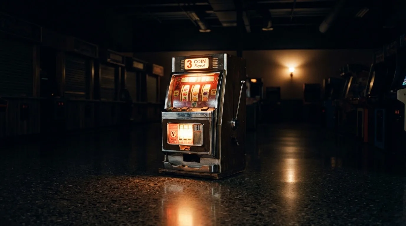 En gammal spelautomat lyser i den dunkla hallen och speglar sig i golvet — kampanjer på casinon i sverige