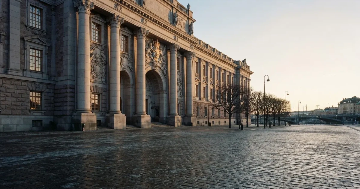 Stenfasad på en statlig byggnad i Stockholm vid gryning, höga pelare och ett tomt torg framför — kasinon utan licens i sverige
