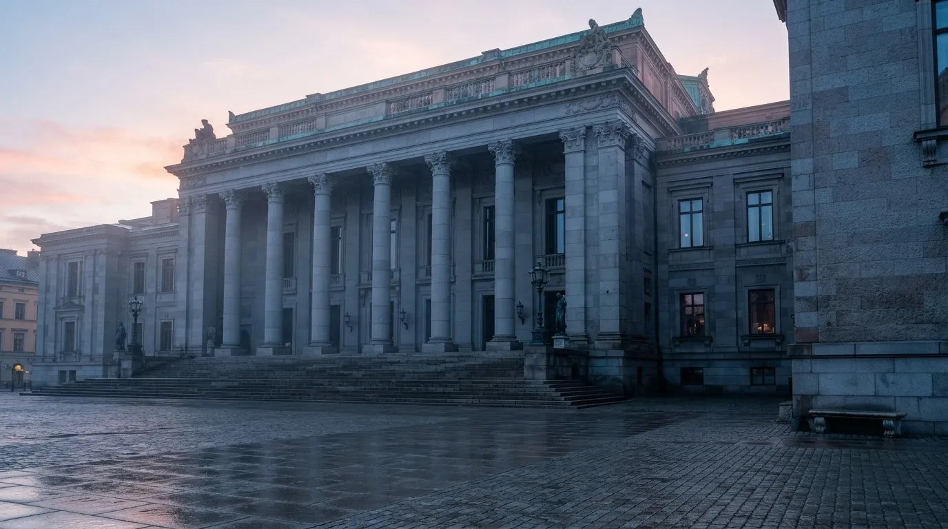 Stenfasad på en statlig byggnad i Stockholm vid gryning, höga pelare och ett tomt torg framför — kasinospel i sverige