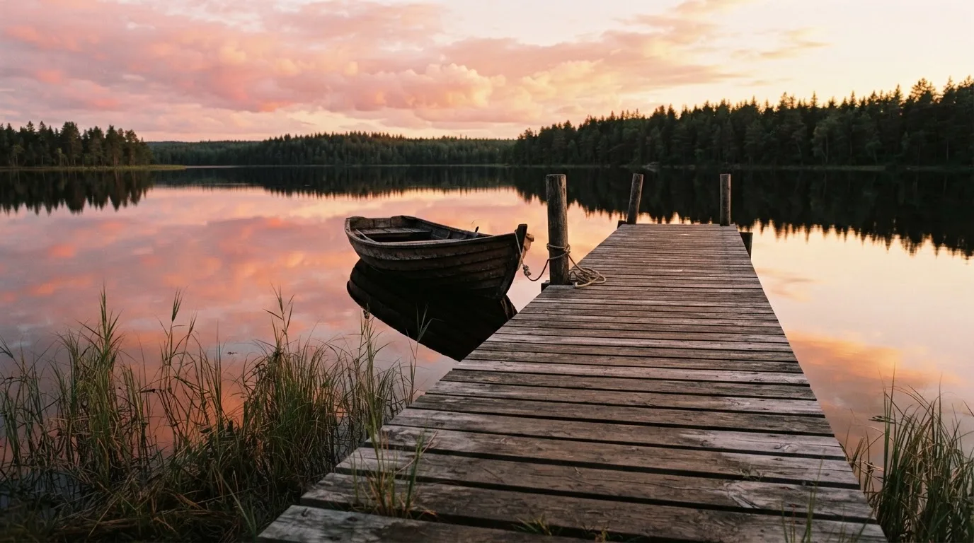 En brygga vid en stilla sjö i solnedgång, roddbåten förtöjd och molnen speglas i vattnet — kasinospel i sverige