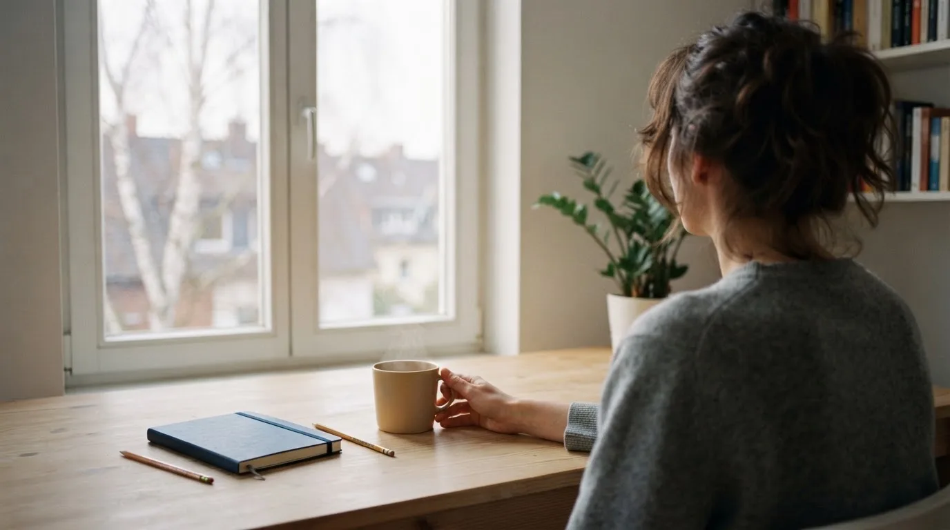 En person sitter vid ett skrivbord hemma med en kopp kaffe och tittar ut genom fönstret i mjukt morgonljus.