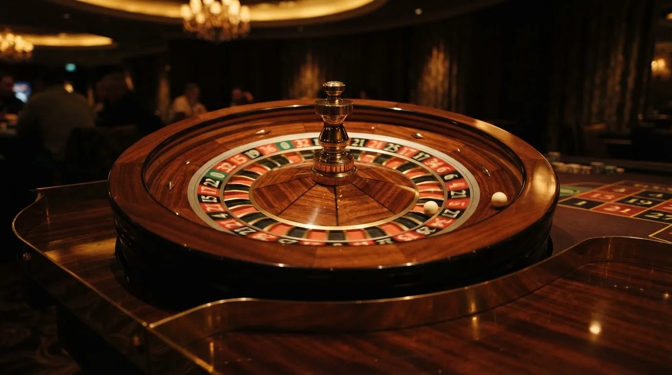 Ett roulettehjul snurrar på ett blankt träbord, den vita kulan glimmar i takljusets guld — live blackjack i sverige