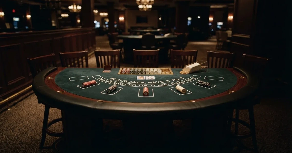 Ett halvmåneformat kortbord i en tyst sal, spelmarker framför varje plats och mjukt takljus — live blackjack i sverige