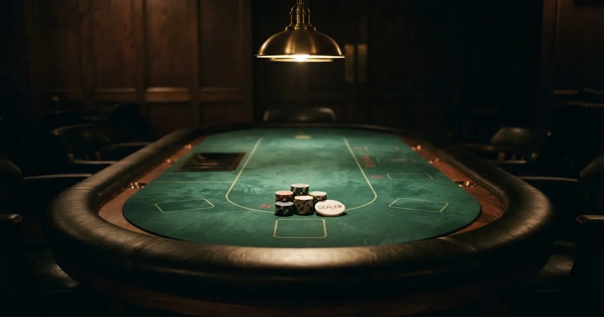 Ett ovalt pokerbord under en lågt hängande lampa, med spelmarker och en vit bricka i ljuset — live kasino i sverige