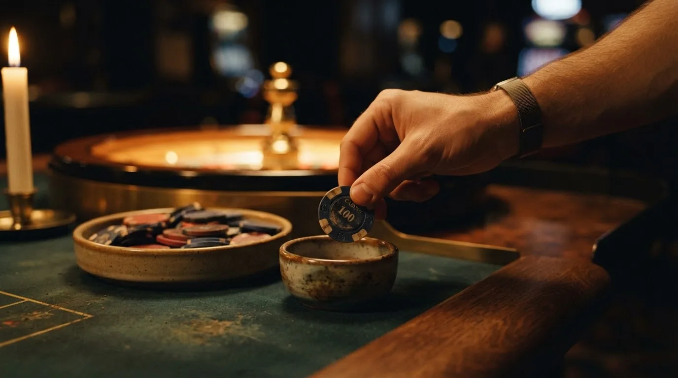 En hand lyfter en spelmark ur en skål, ljuslågan färgar bordet gyllenbrunt — live roulette i sverige