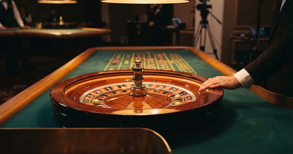Croupierens händer blandar kort på grönt filt, taklampan speglas i den blanka kortbunten — live roulette i sverige