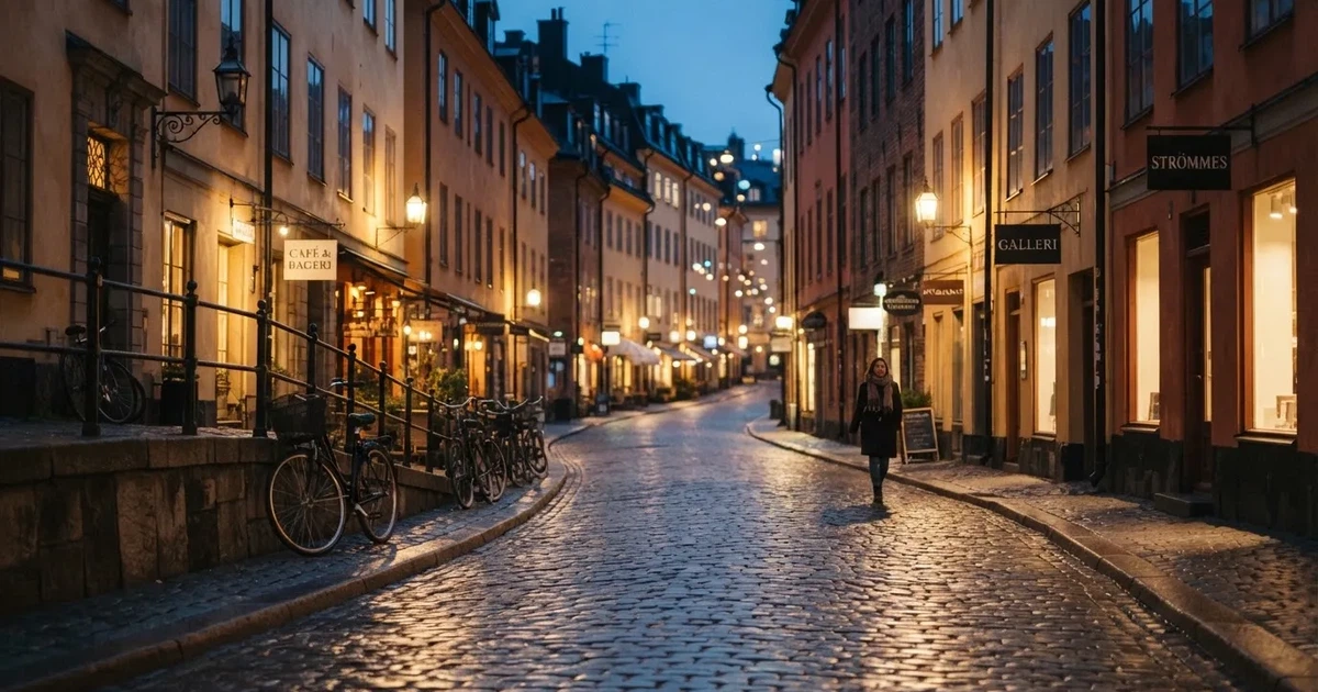 En stadsgata fotograferad i skymning med suddiga ljus från fönster i byggnader längs båda sidor.