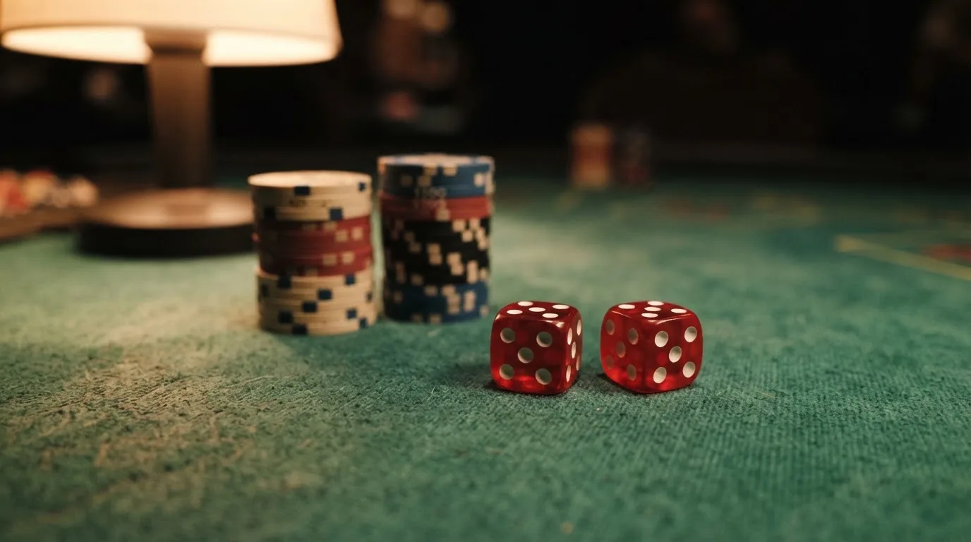 Röda tärningar vilar på grönt filt, bakom dem suddiga torn av spelmarker i kvällsdunklet — nytt casinon i sverige