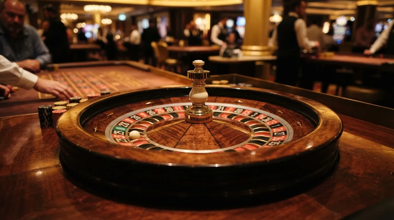 Ett roulettehjul snurrar på ett blankt träbord, den vita kulan glimmar i takljusets guld — online blackjack i sverige