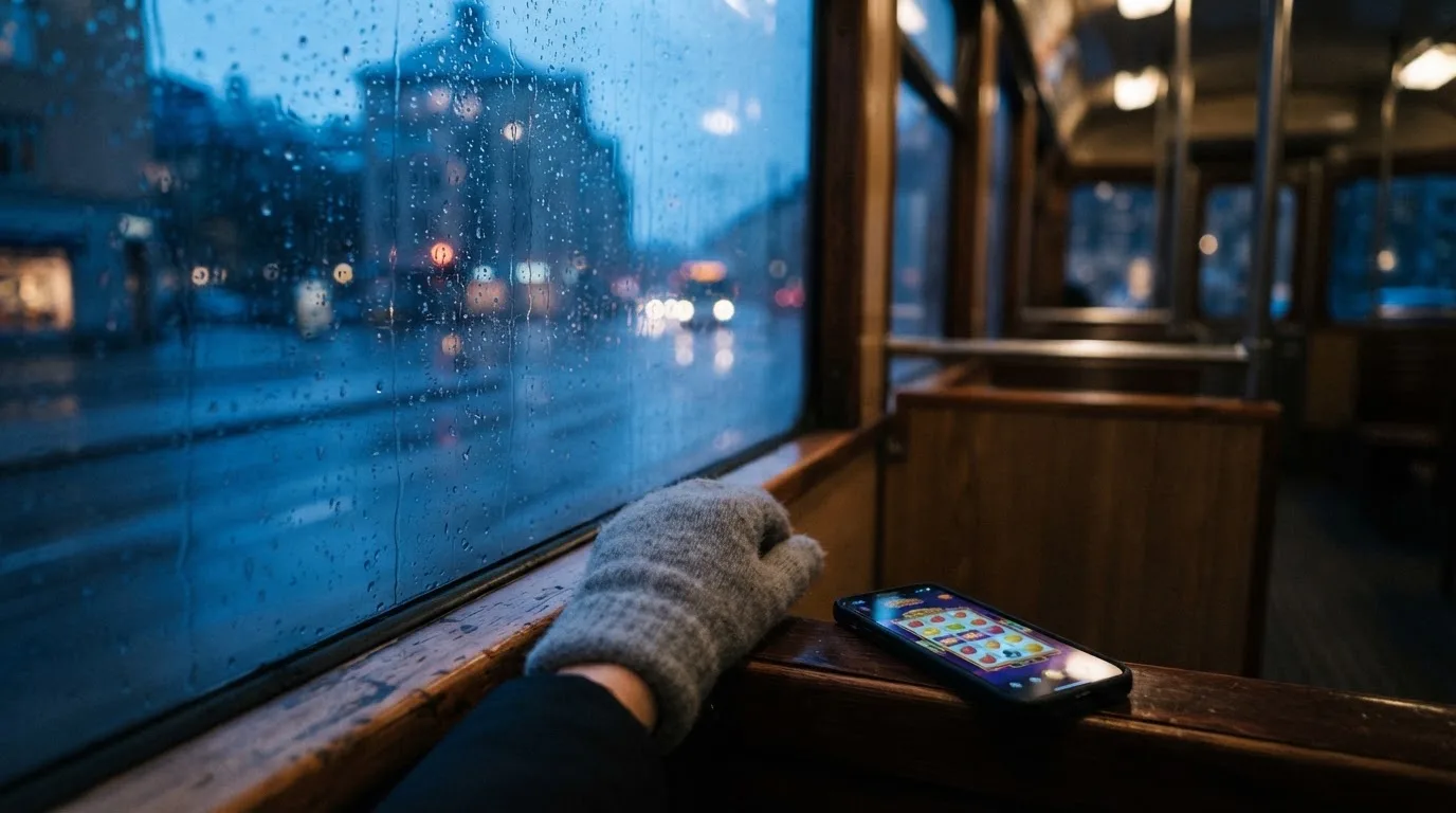 Regndroppar på en spårvagnsruta, bakom glaset en blånande gata, en mjuk yllevante i handen — online kasino i sverige
