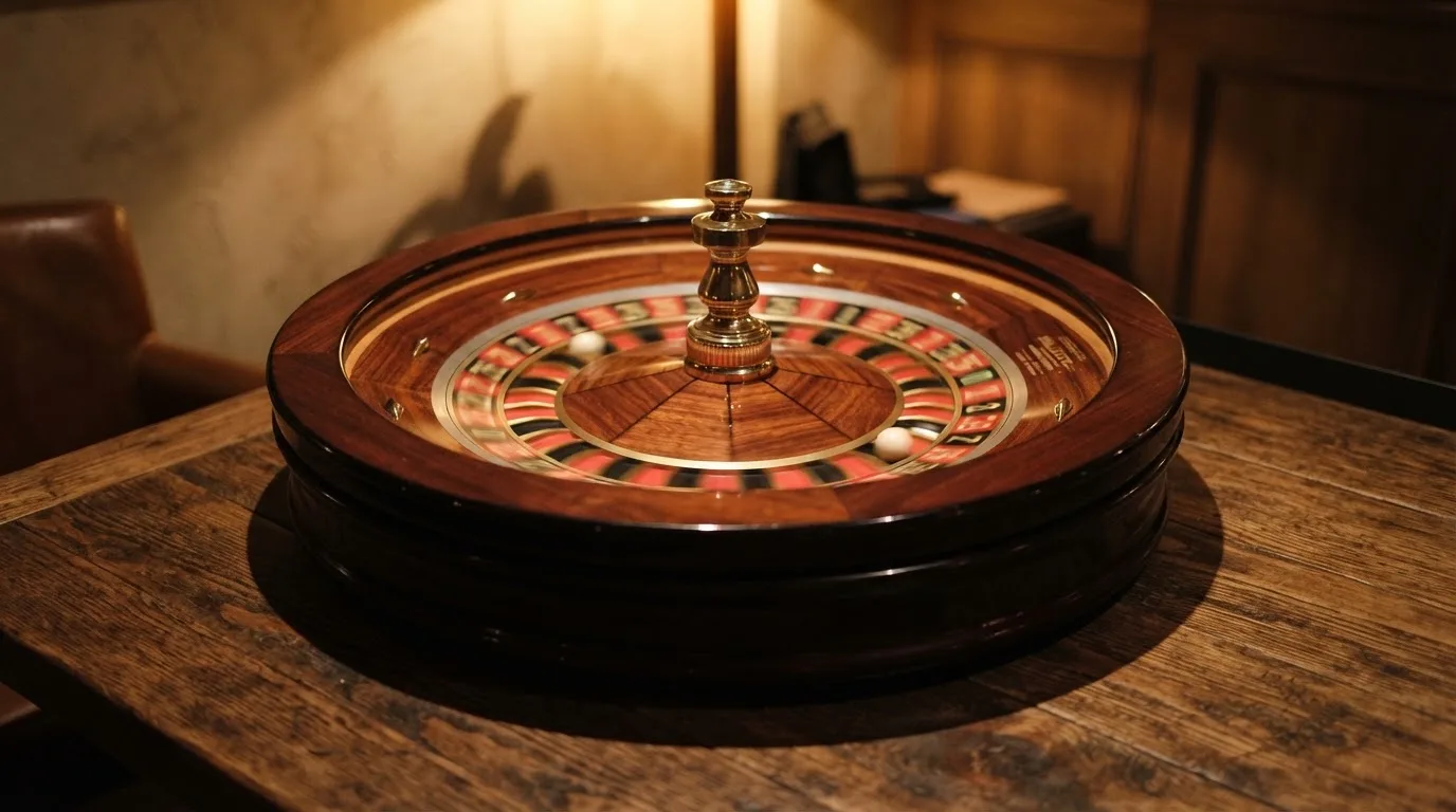 Ett roulettehjul snurrar på ett blankt träbord, den vita kulan glimmar i takljusets guld — online spelautomater i sverige
